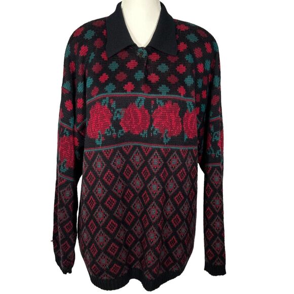Crazy Horse Sweaters - Crazy Horse Vintage Floral Rose Sweater -Black, Red - Women's Size Large?